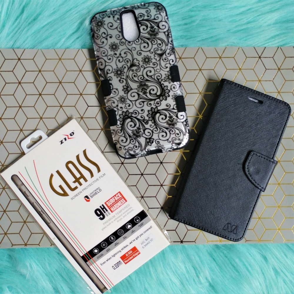 HTC Bolt Phone Wallet Cases Tempered Glass Bundle